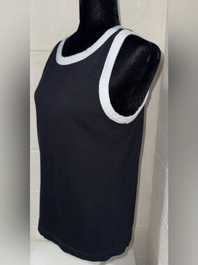 LOFT Black White Contrast Ringer Tank Top Sporty Casual 100% Cotton Knit Shirt M